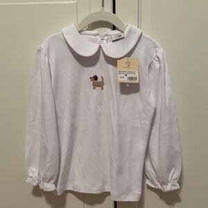 Luigi Kids Classic White Peter Pan Collar Long-Sleeve Top with Embroidered Puppy